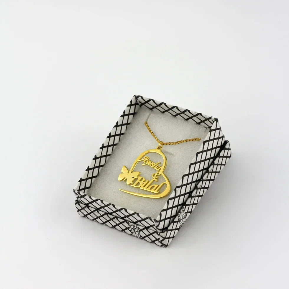 BUTTERFLY HEART COUPLE NAME NECKLACE